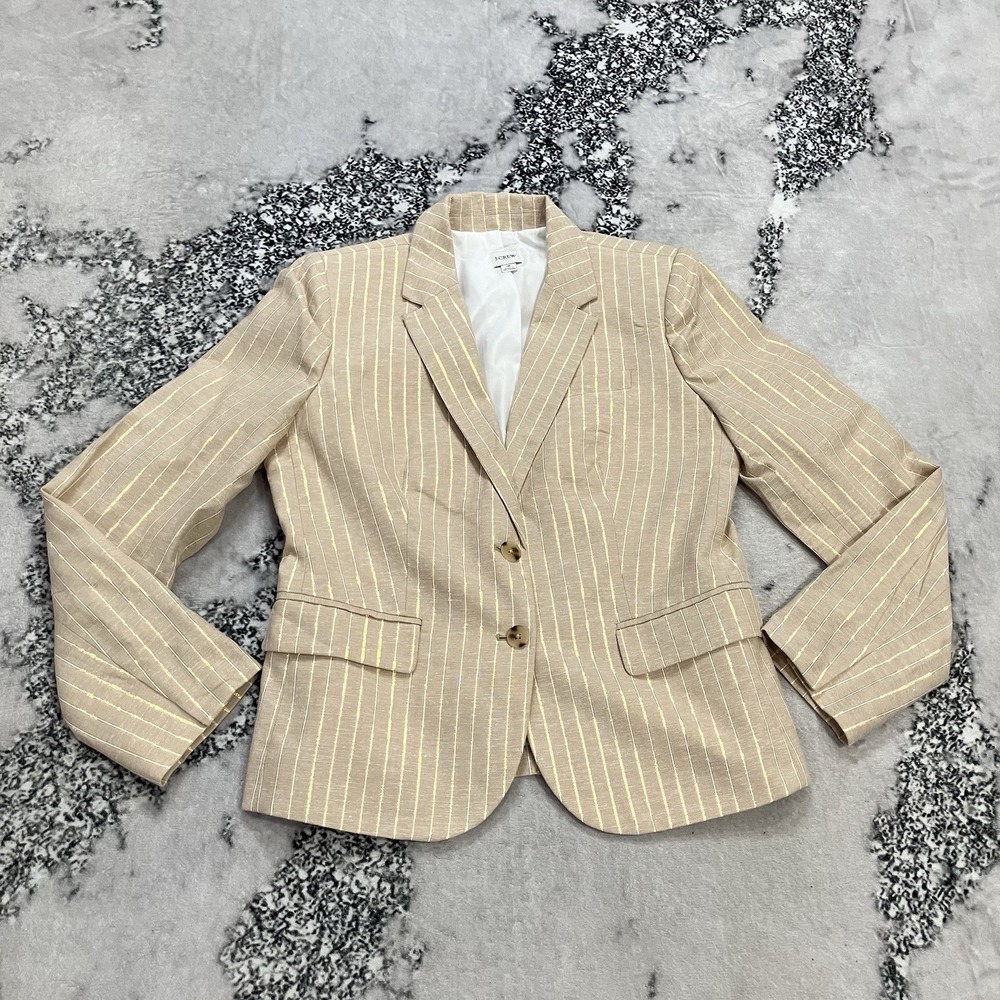 J.Crew Metallic Pinstripe‎ Linen Blend Blazer Beige Gold Size 8 Jacket
